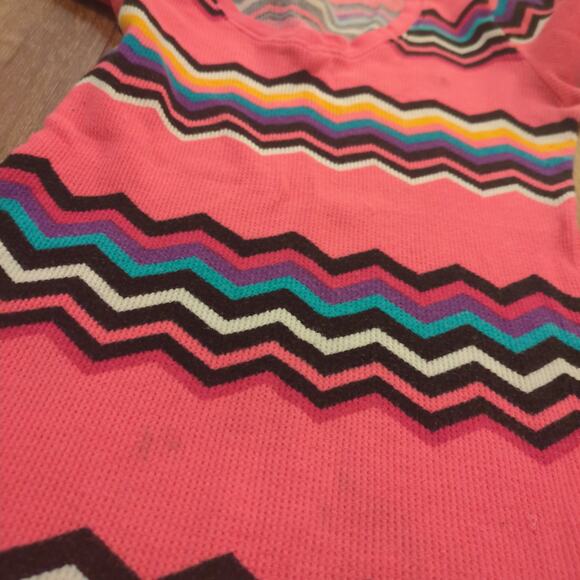 VTG OP Sport Women's Medium Sweater Aztec Pink Colorful Stripe Fair Isle V-Neck - Picture 7 of 7